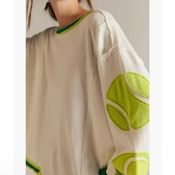 Free People Cream Sweater with Lime Green Tennis Ball Patch Details - Picture 3 of 9